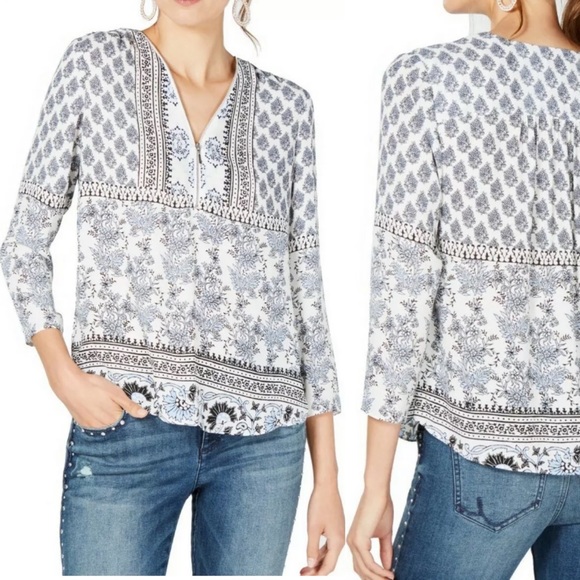 INC 3/4 Sleeve Floral Dandy Zip Neck Blouse MED - Picture 3 of 12